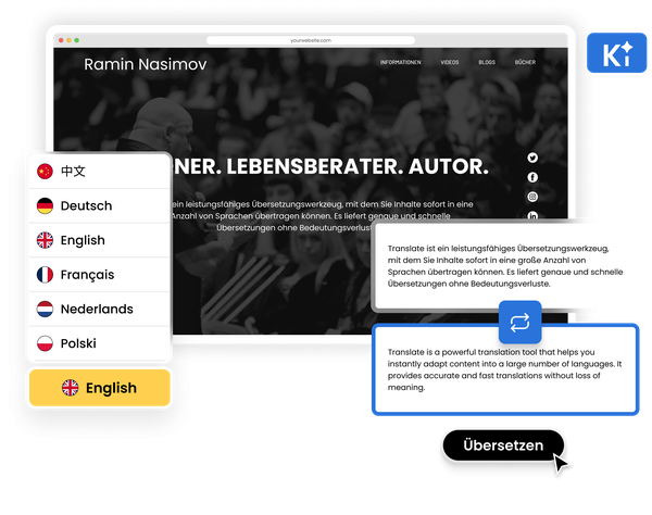 Sprachumschaltung und KI-Übersetzungsfunktion