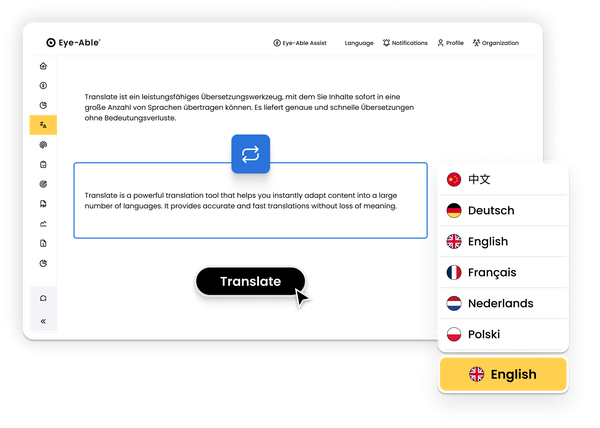 Website content being translated using Eye-Able Translate with language selection menu.