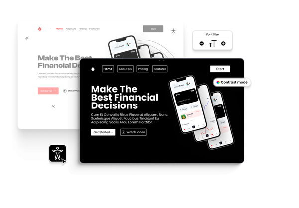 Digital finance website shown in two views: normal and high-contrast dark mode, with accessibility icons.