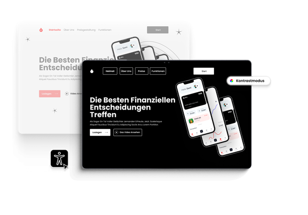 Digitale Finanz-Website in zwei Ansichten: normal und kontrastreicher Dunkelmodus, mit Barrierefreiheits-Symbolen.