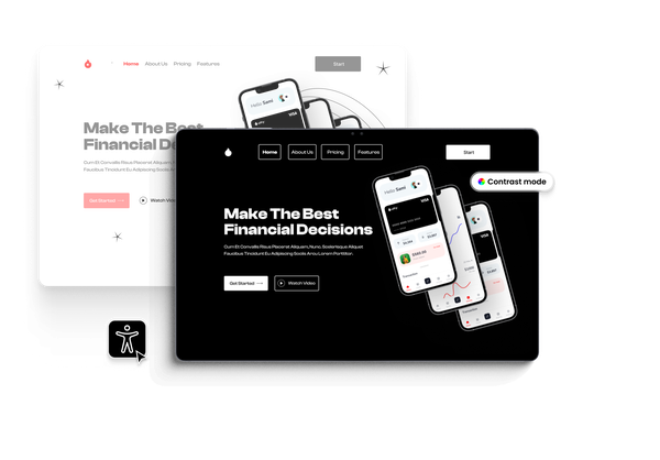 Website switching from light mode to high-contrast dark mode using an accessibility button.