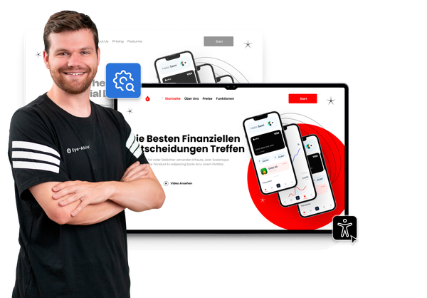 Mann in Eye-Able-Shirt neben einer Website-Grafik und dem aktiven Eye-Able Barrierefreiheits-Widget.