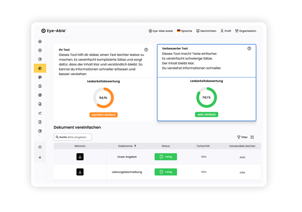 Eye-Able Easy-Text-Dashboard mit Lesbarkeitsanalyse und vereinfachten Dokumenten.