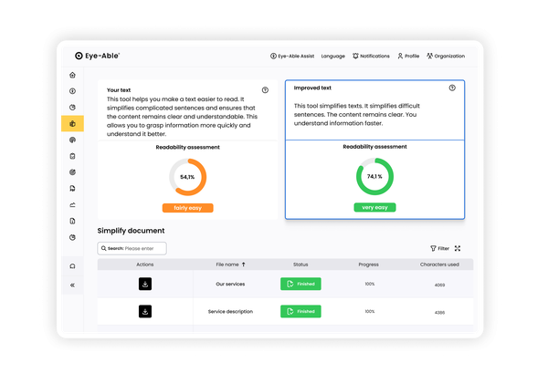 Eye-Able Easy Text dashboard showing readability analysis and simplified documents.