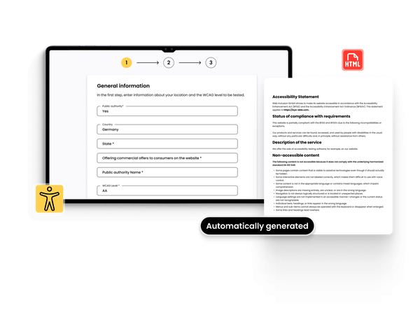 Accessibility statement automatically generated by Eye-Able, displayed next to a form collecting general website information.