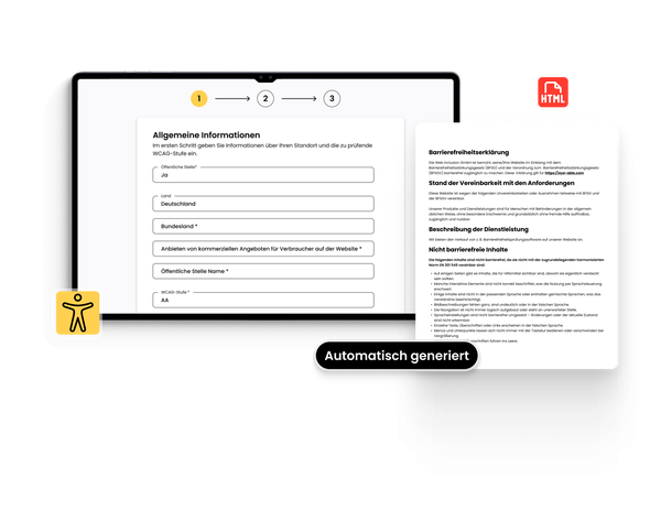 Automatisch von Eye-Able generierte Barrierefreiheitserklärung, dargestellt neben einem Formular zur Erfassung allgemeiner Webseiteninformationen.