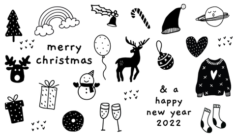 Weihnachtsmotive wie Rentiere und Weihnachtsmützen.