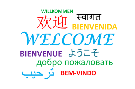 The word "welcome" is written in different languages, different colours and on white background.