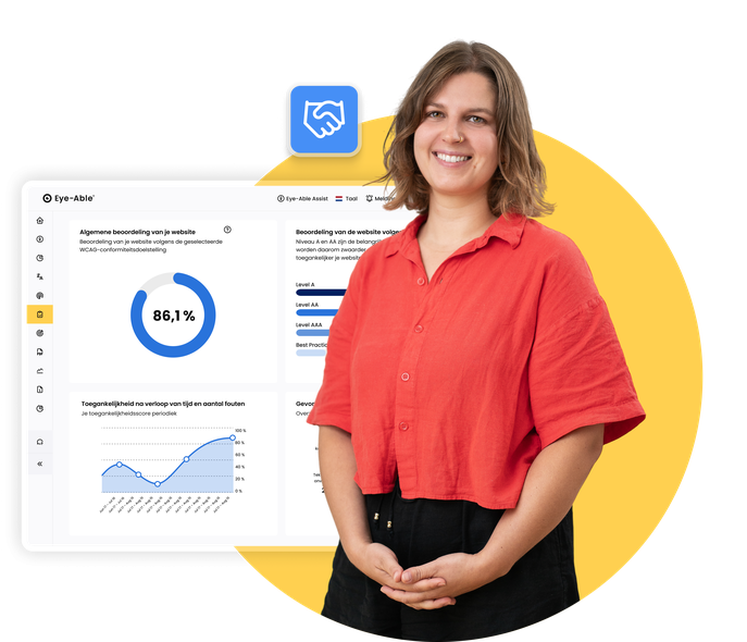 Vrouw die glimlachend voor de Eye-Able-dashboardinterface staat. Op het scherm zijn toegankelijkheidsrapporten te zien, waaronder een score van 86,1% en grafieken over WCAG-conformiteit. Achter haar staat een gele cirkel en een blauw icoon met twee schuddende handen, symbool voor samenwerking of partnerschap.