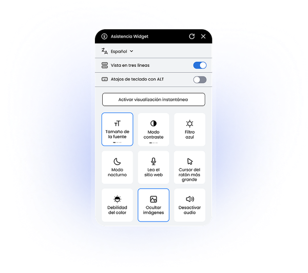 Widget móvil con opciones de accesibilidad activables.