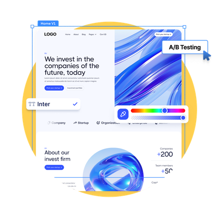 Website design interface with text editing, color selection, and A/B testing tools. Features investment company information and graphics.