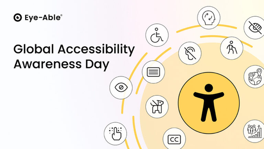 The black accessibility symbol in a yellow circle and Global Accessibility Awareness Day to the left of it