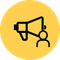 Pictogram van een persoon naast een megafoon, afgebeeld in zwarte lijnen op een gele cirkel. Het symbool staat voor communicatie, promotie of marketing.