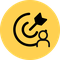 Pictogram van een persoon voor een dartpijl die een doel raakt, weergegeven in zwarte lijnen op een gele cirkel. Het symbool staat voor doelen bereiken, focus of gerichte impact.
