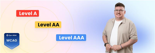 Level A, Level AA und Level AAA mit WCAG Symbol und Mann auf der rechten Seite