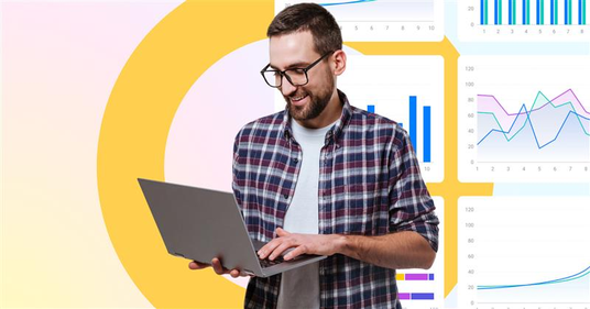 A smiling man with a laptop with graphs and statistics on the right side.