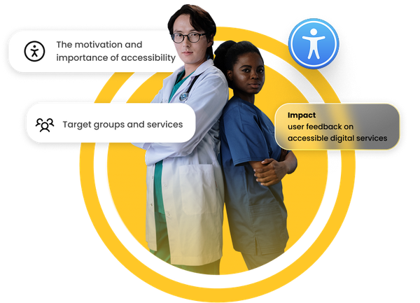 Two healthcare professionals standing back-to-back in front of a yellow circular graphic. Around them are three labels with icons: “The motivation and importance of accessibility,” “Target groups and services,” and “Impact: user feedback on accessible digital services.”