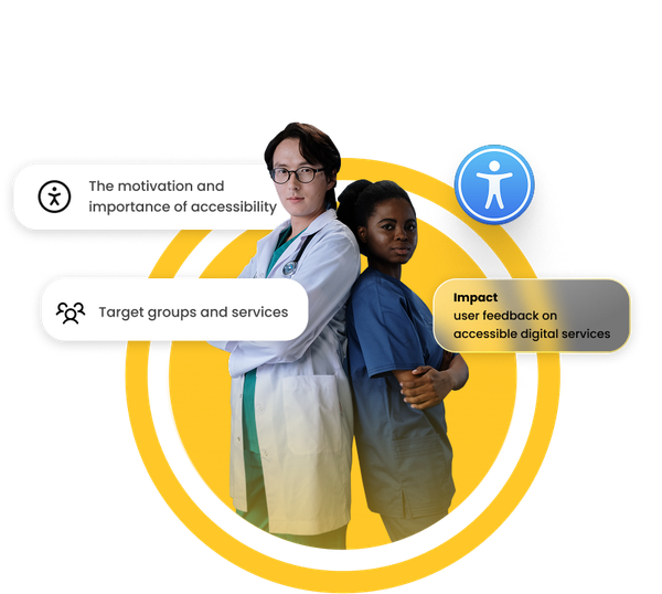 Two healthcare professionals standing back-to-back in front of a yellow circular graphic. Around them are three labels with icons: “The motivation and importance of accessibility,” “Target groups and services,” and “Impact: user feedback on accessible digital services.”