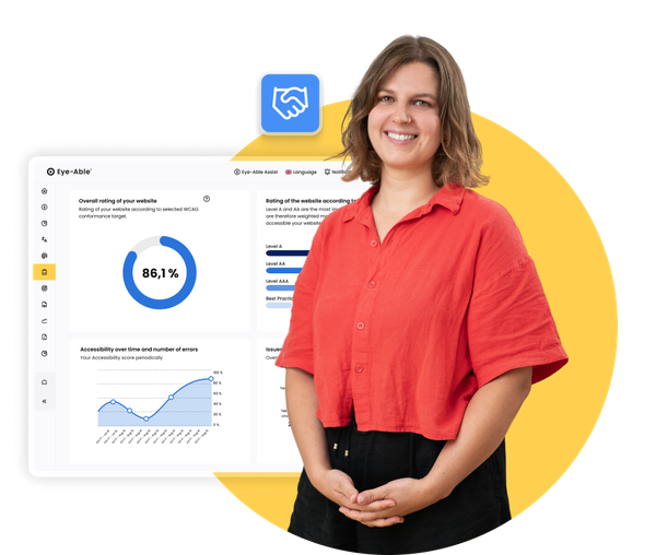 A smiling woman in a red shirt stands in front of a large screen showing the Eye-Able accessibility dashboard with website rating charts. A handshake icon appears above the dashboard, symbolizing partnership.