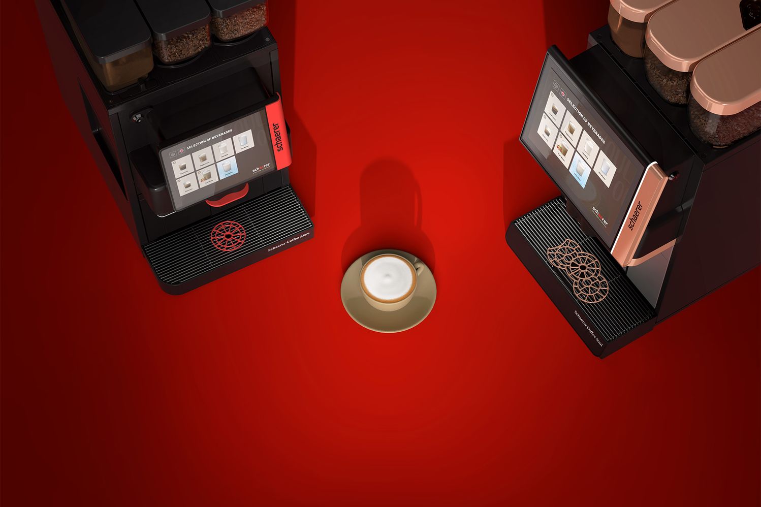 Top view of a cappuccino in a cup with a saucer on a red table, flanked by two modern coffee machines with touchscreen displays.