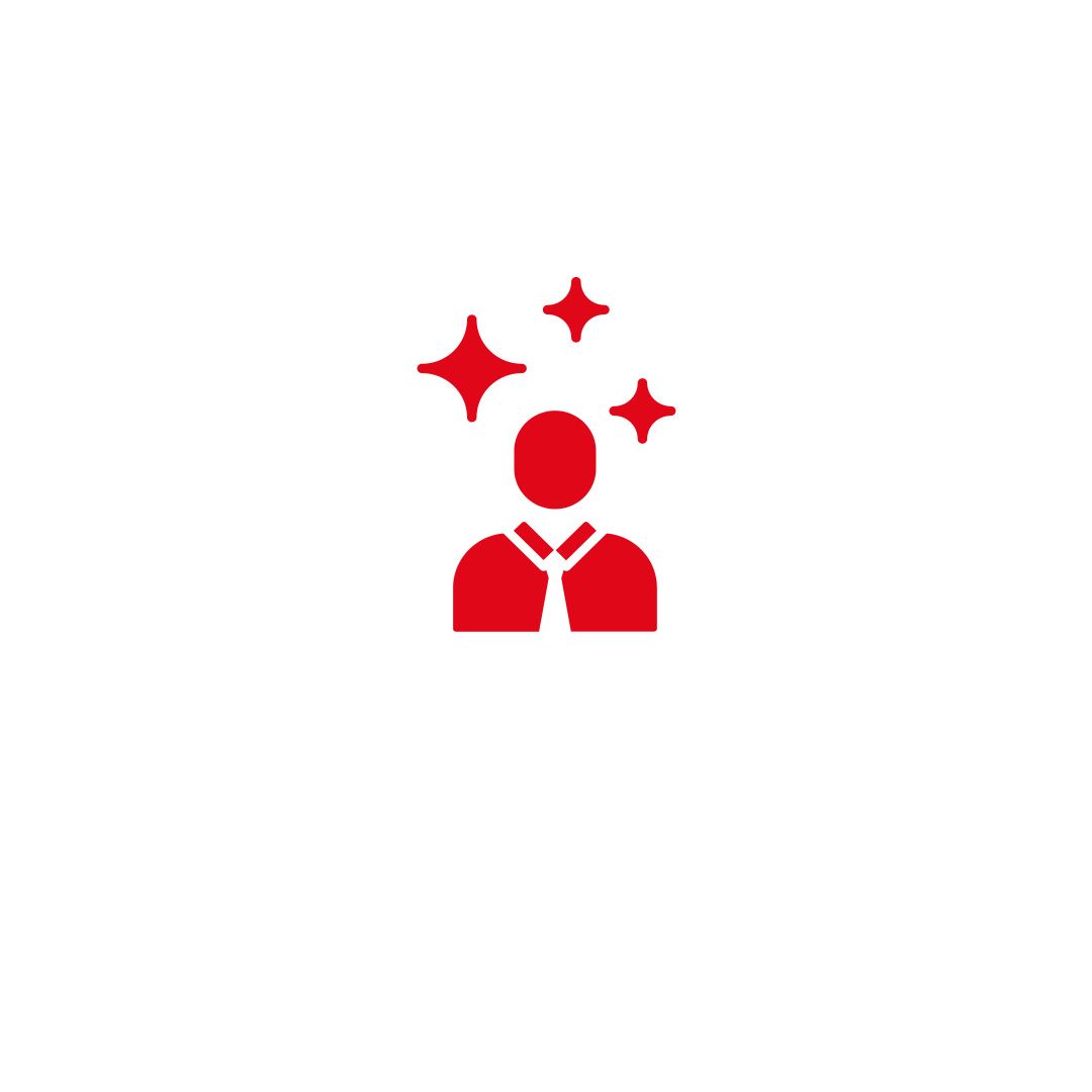 Red icon of a person wearing a tie with four stars above, set against a light beige background.