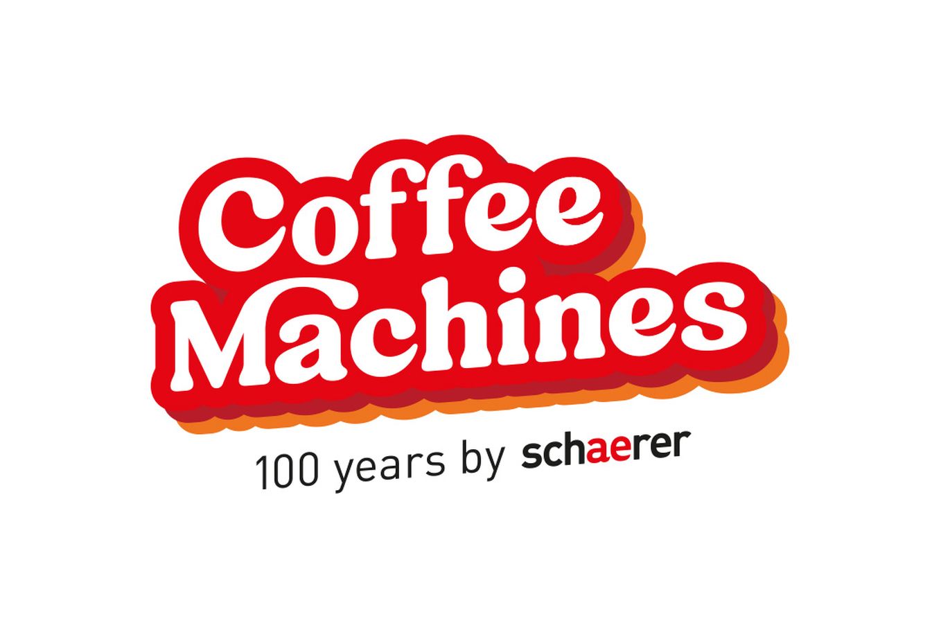 "Coffee Machines" logo in bold red and white text, with "100 years by schaerer" beneath in black and red on a white background.