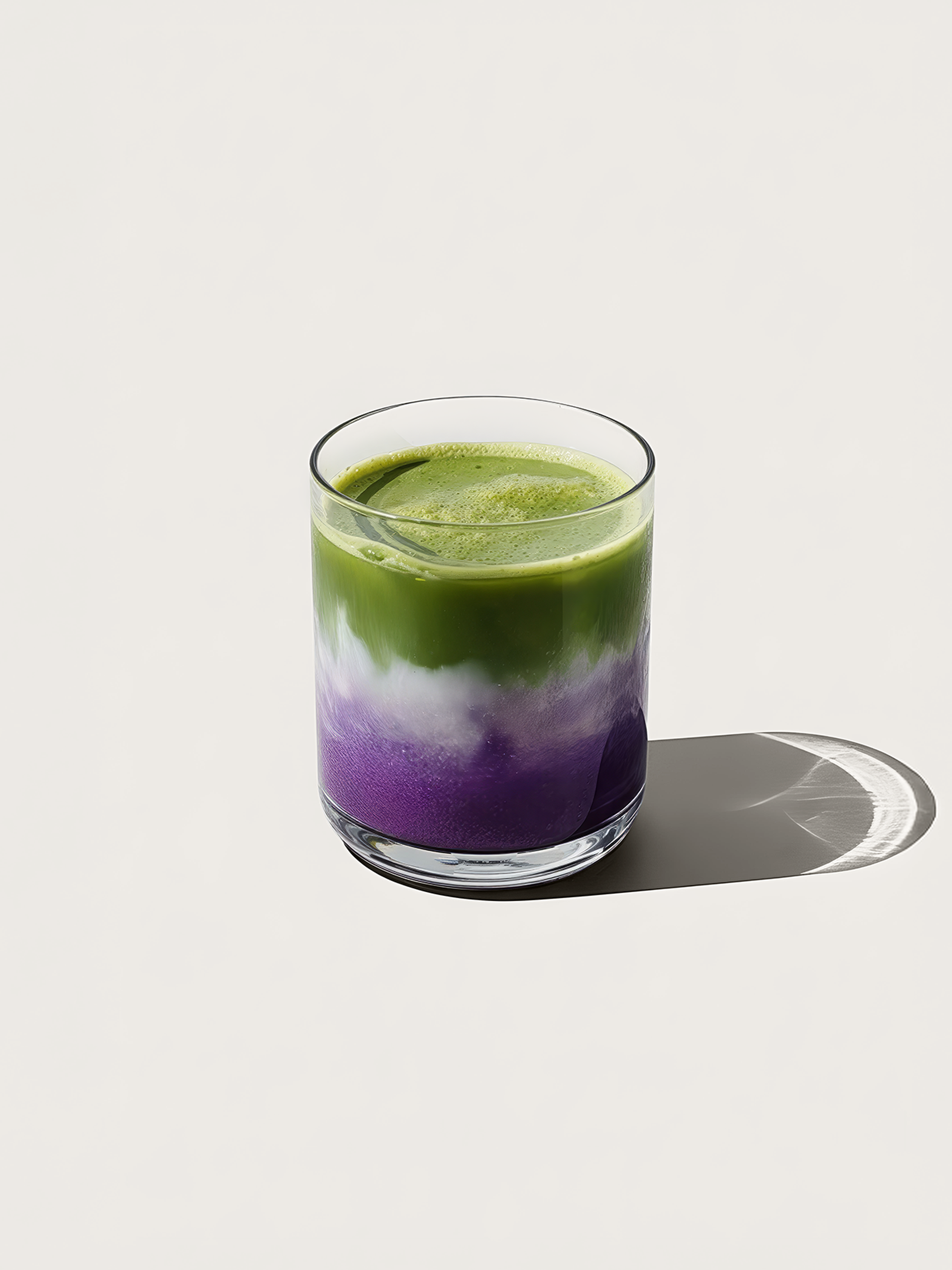 A glass with layered colors: vibrant green, white, and purple shades, casting a shadow on a light background.