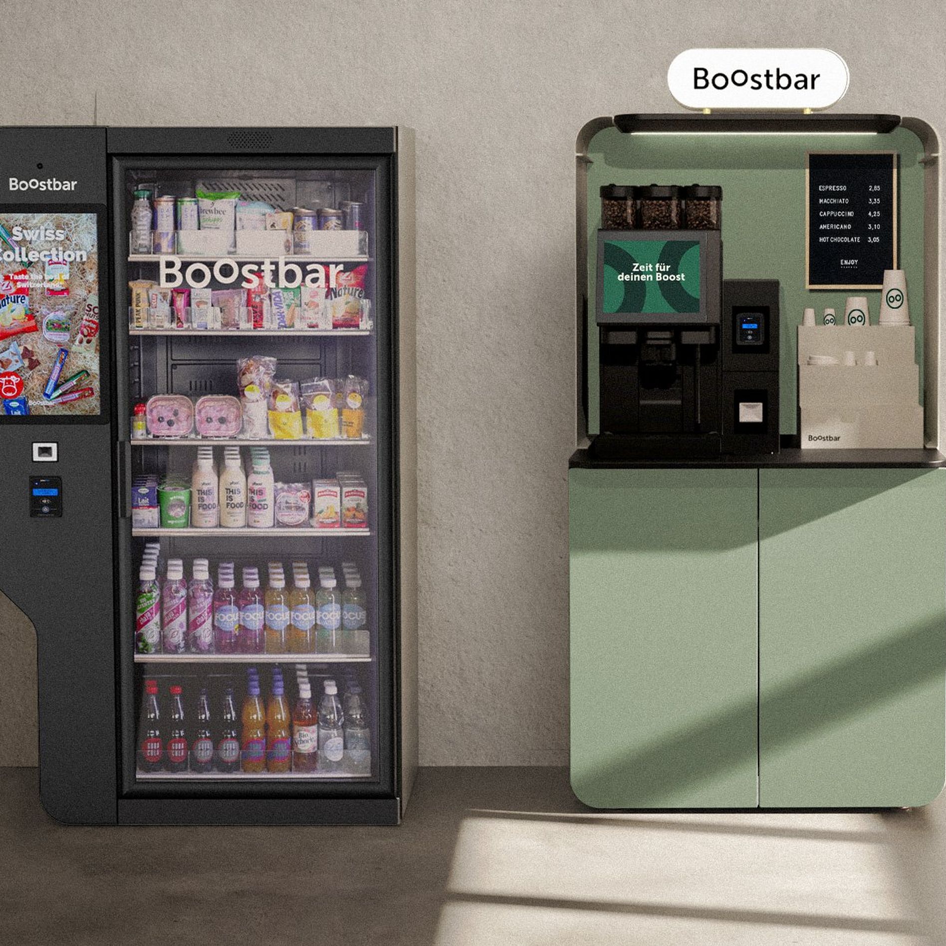 Vending machine and coffee station side by side; the vending machine is stocked with snacks and drinks, and the coffee station offers hot beverages.
