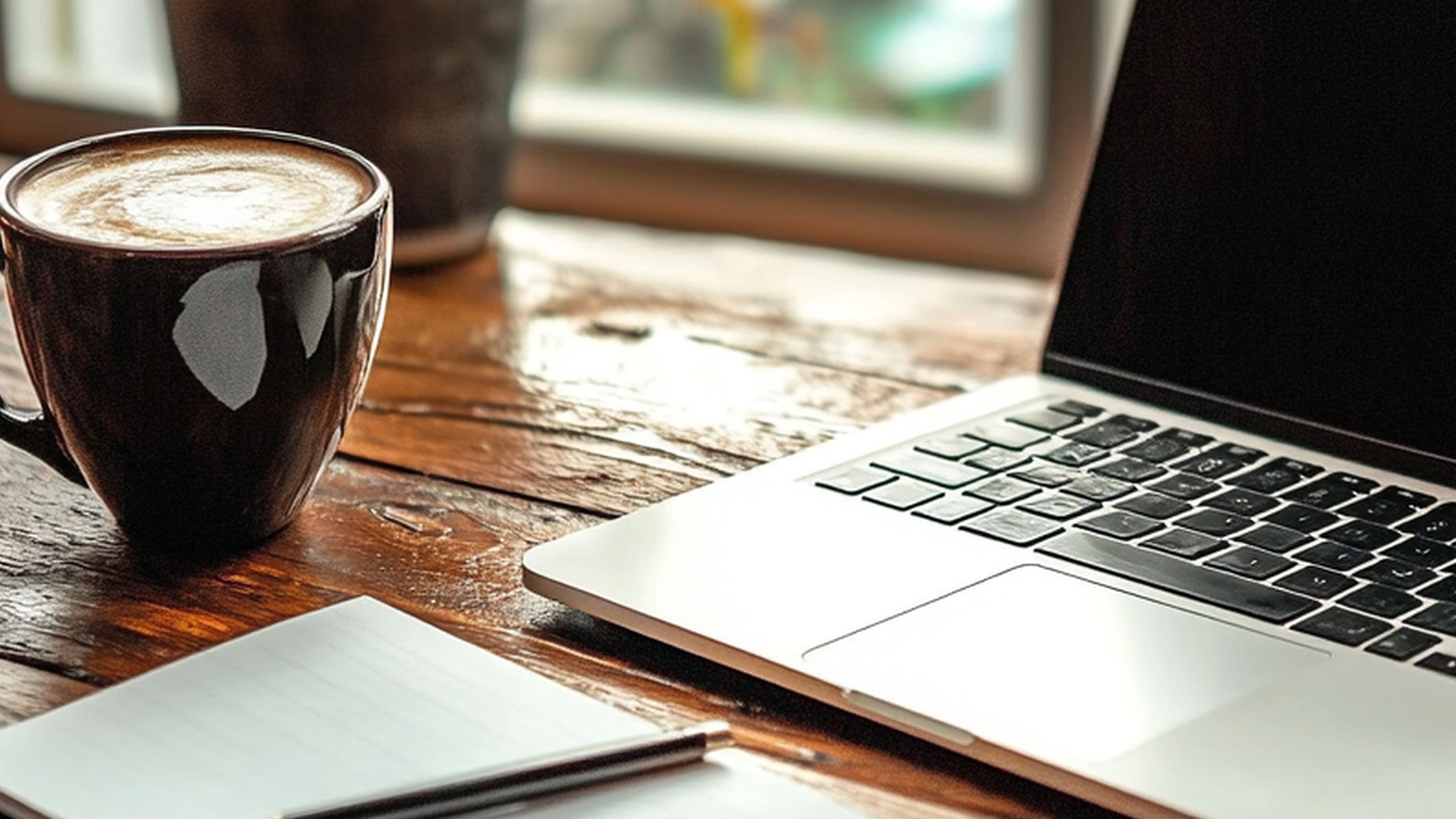 A laptop on a wooden table next to a cup of coffee, a notebook, and a pen, with soft natural light coming through a window.