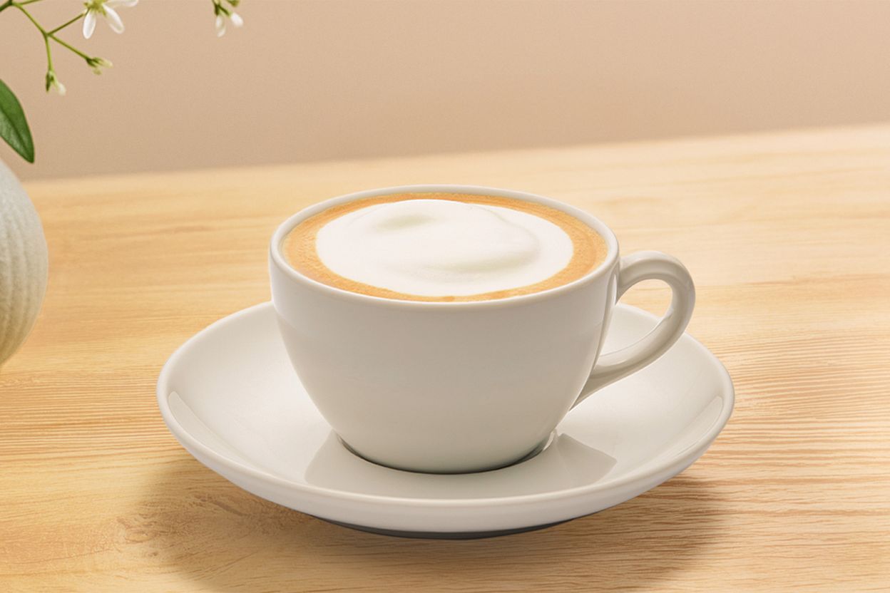 A cappuccino in a white cup on a saucer, placed on a wooden table, with a small plant in the background.