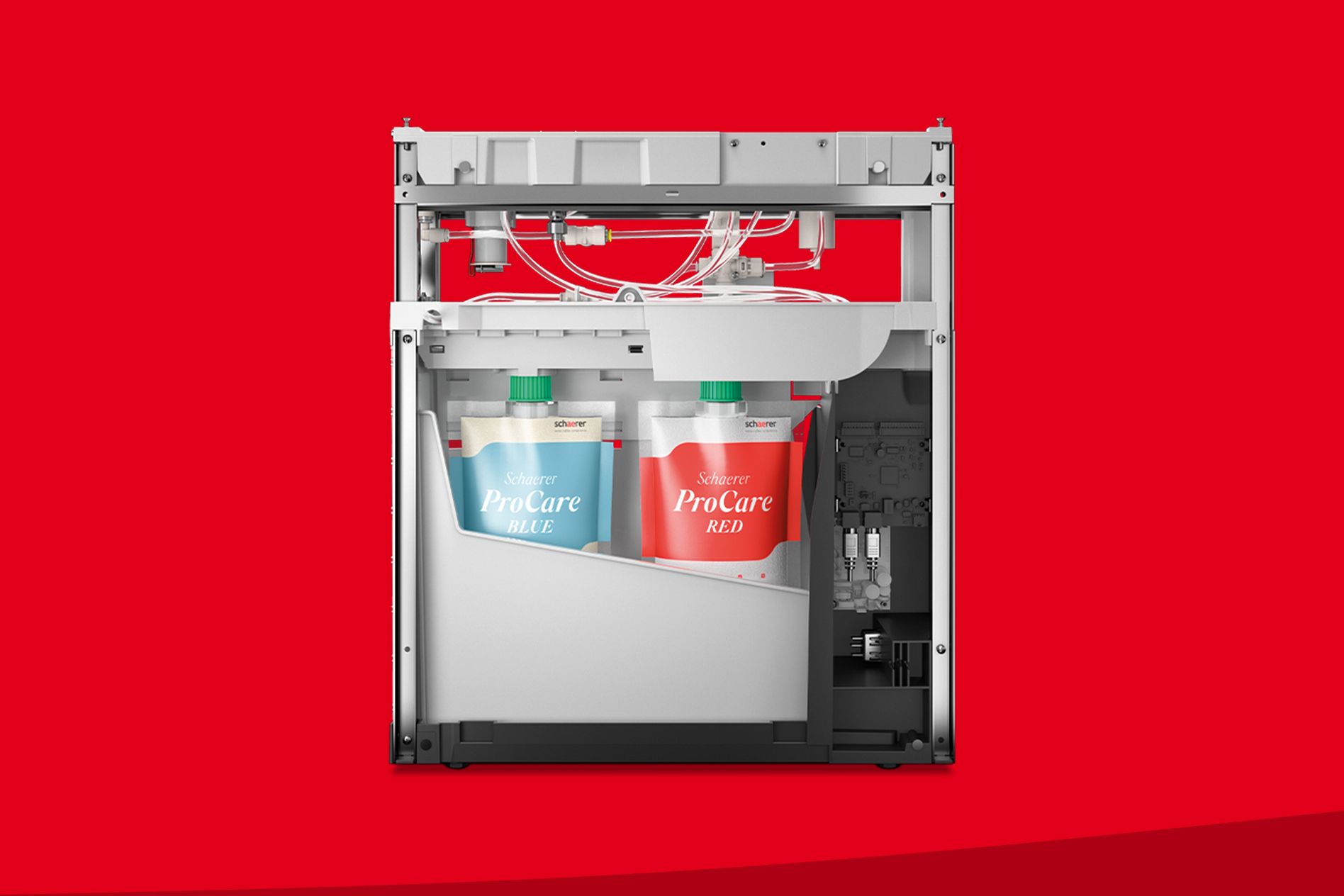 ProCare with two cleaning solution bottles labeled "ProCare Blue" and "ProCare Red" on a red background.