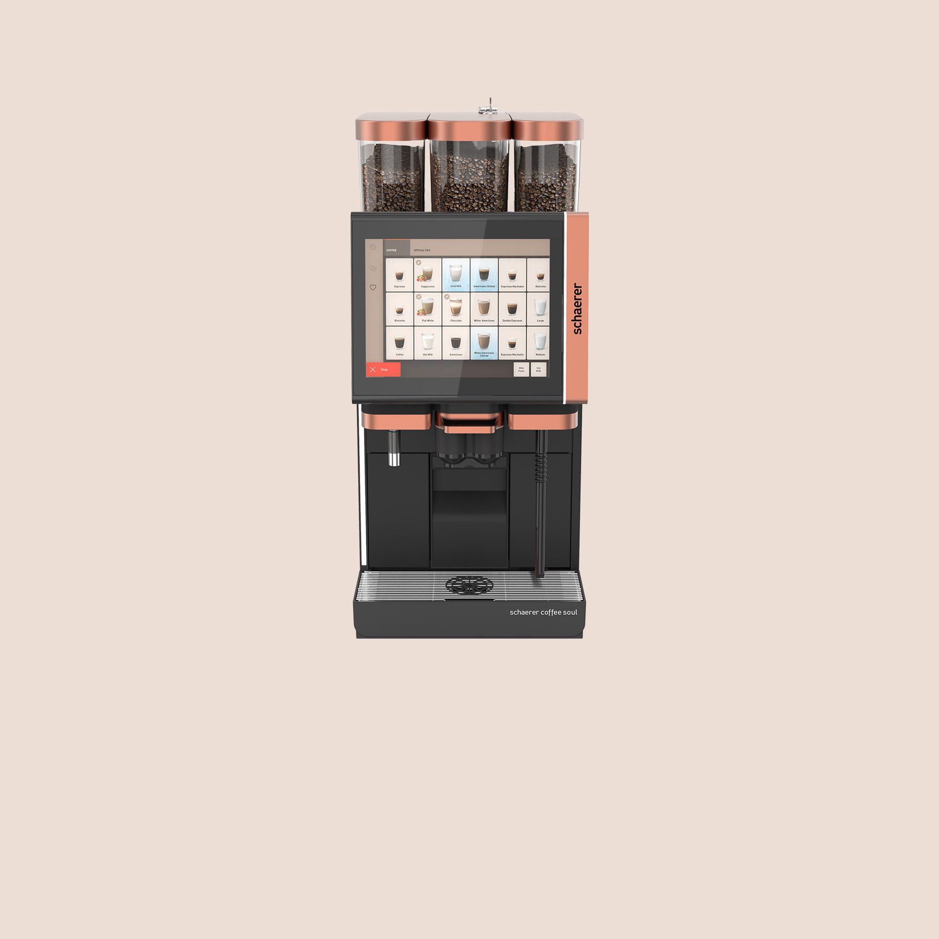 Schaerer Coffee Soul coffee machine, with steam wand, 3 bean hoppers