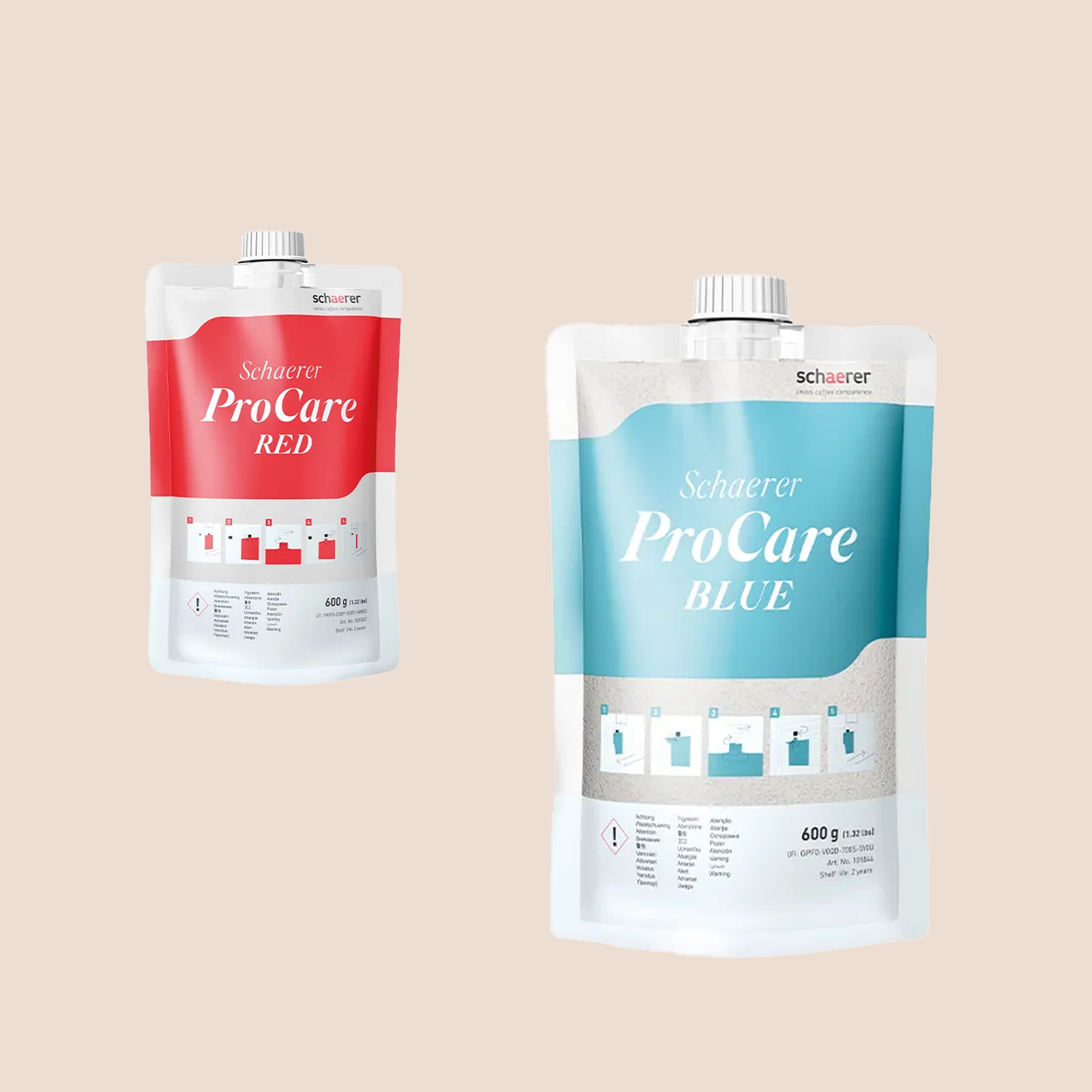Two pouches labeled "Schaerer ProCare RED" and "Schaerer ProCare BLUE" on a beige background, each with detailed instructions and branding.