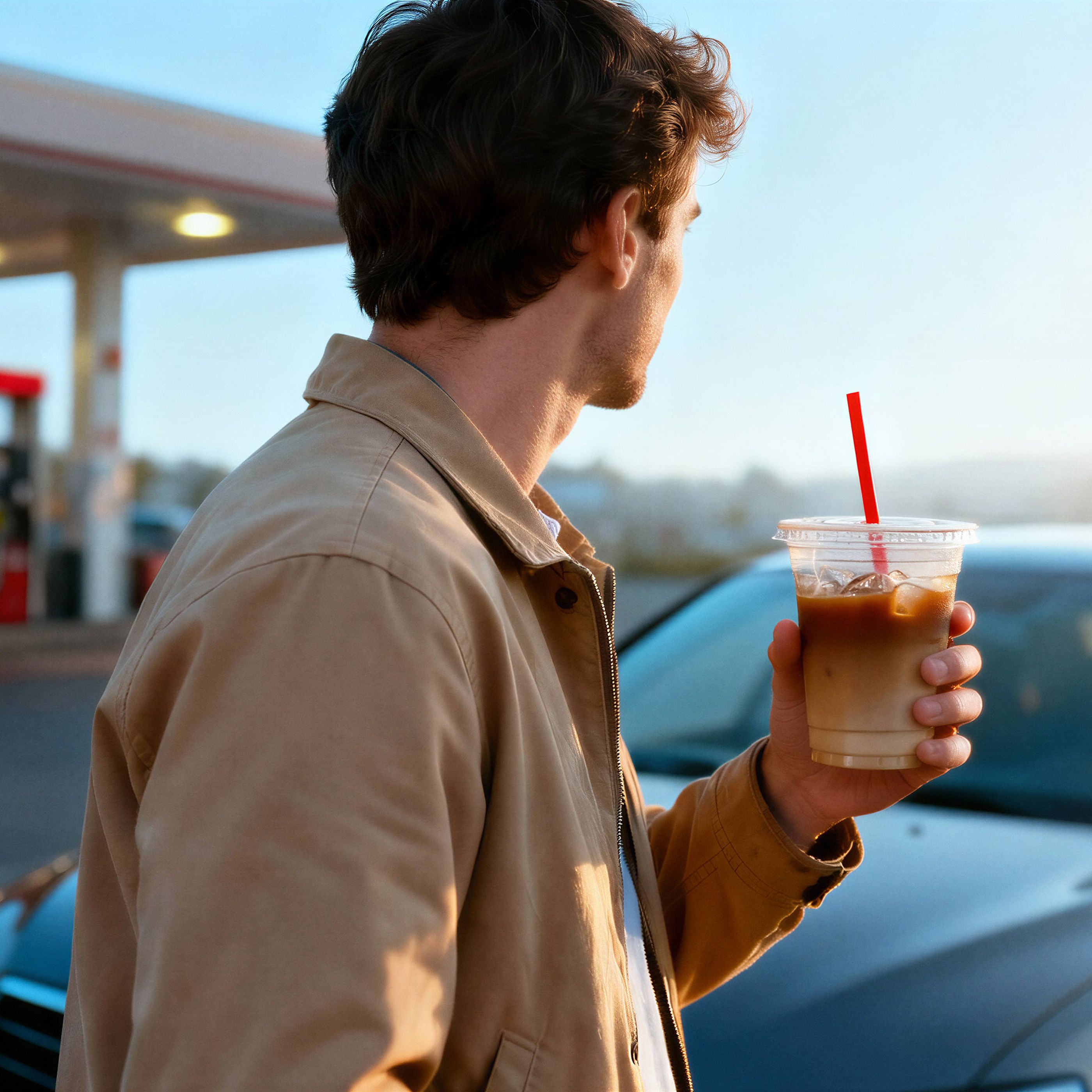 Man with iced coffee at a gas station