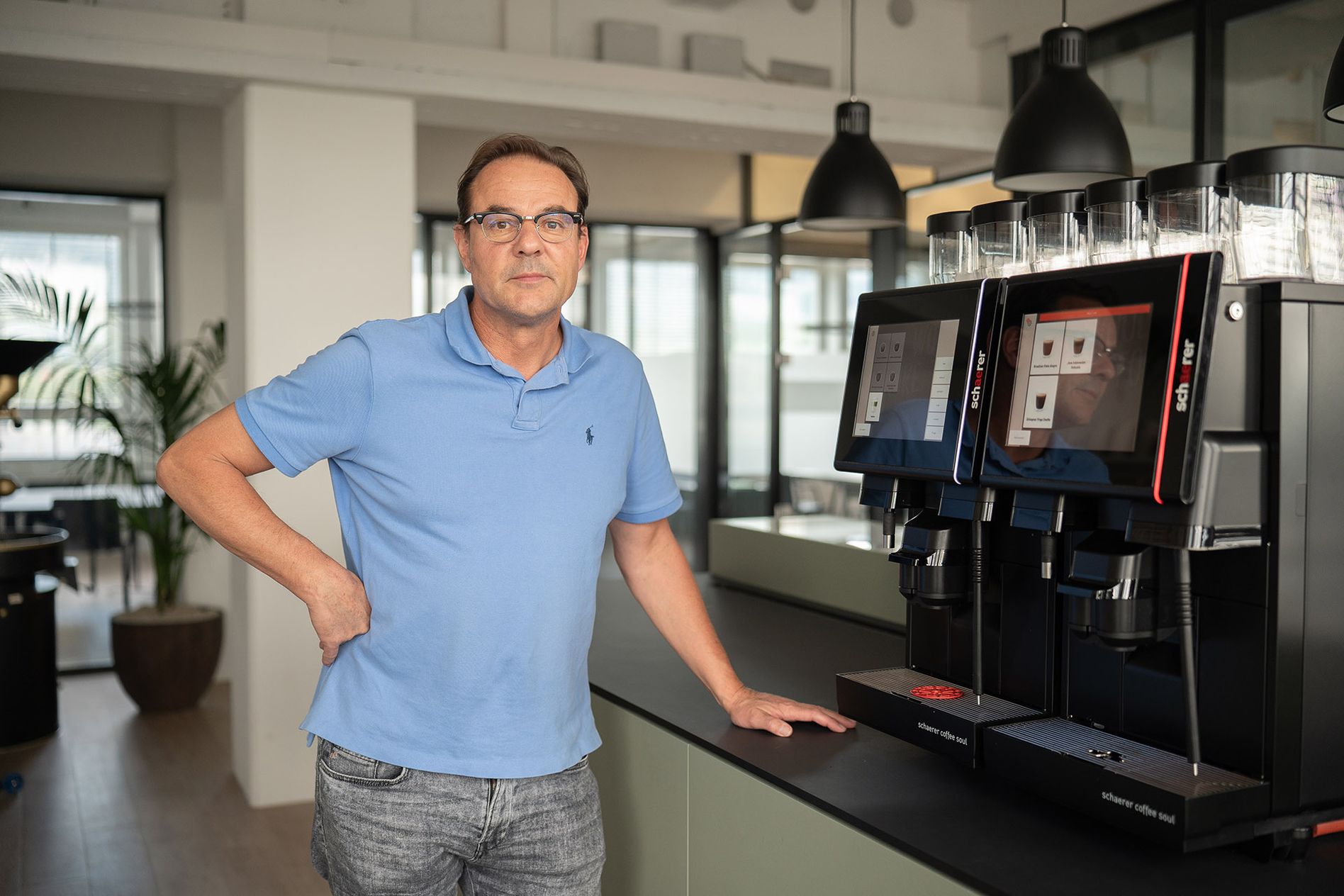 Product manager Sam Geissbuehler with Schaerer Coffee Soul machines