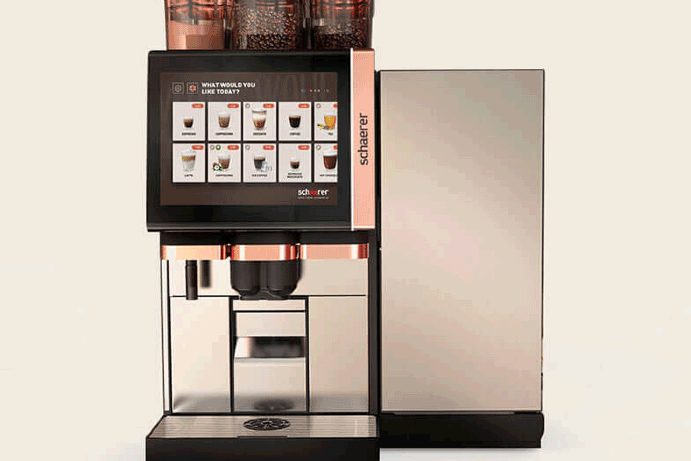 Front view of a Schaerer coffee machine with a touchscreen displaying various coffee drink options.