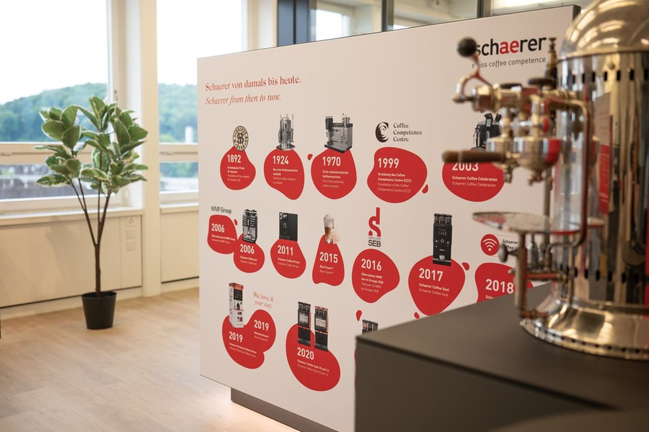 Display of Schaerer's coffee machine history timeline with images, in a modern room with a plant and a large coffee machine in the foreground.