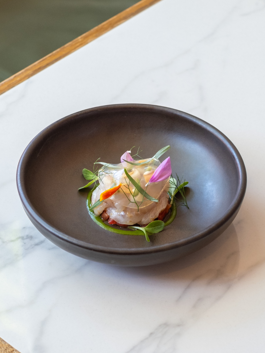 Citrus cured stone bass, smoke cod’s roe, tomato, walnut and tarragon
