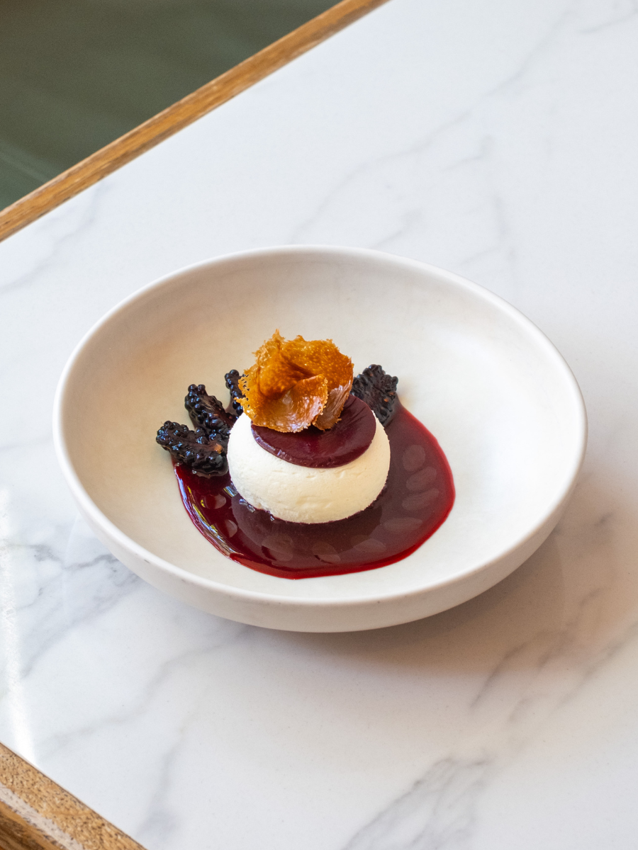 Fig leaf semifreddo, blackberry and white chocolate