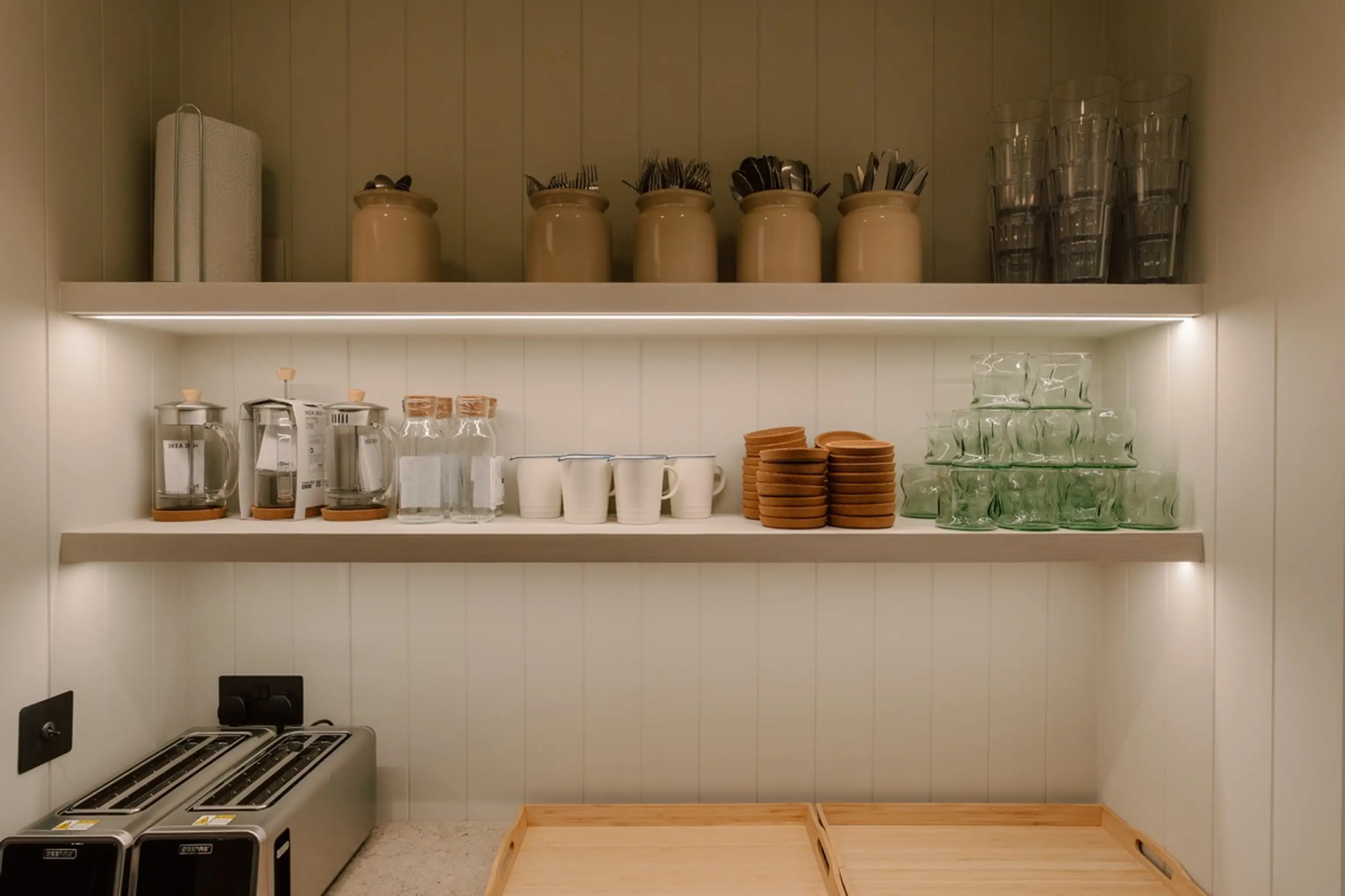 Pantry shelving with crockery and glassware at ARC Next-the-Sea