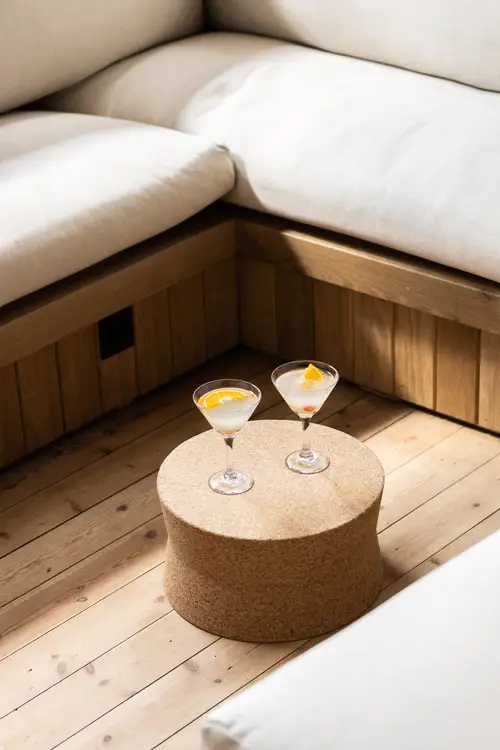 Two martini glasses available as part of ARC Wells-next-the-sea dining options where guests to this Norfolk large group accommodation enjoy private chef and catering options