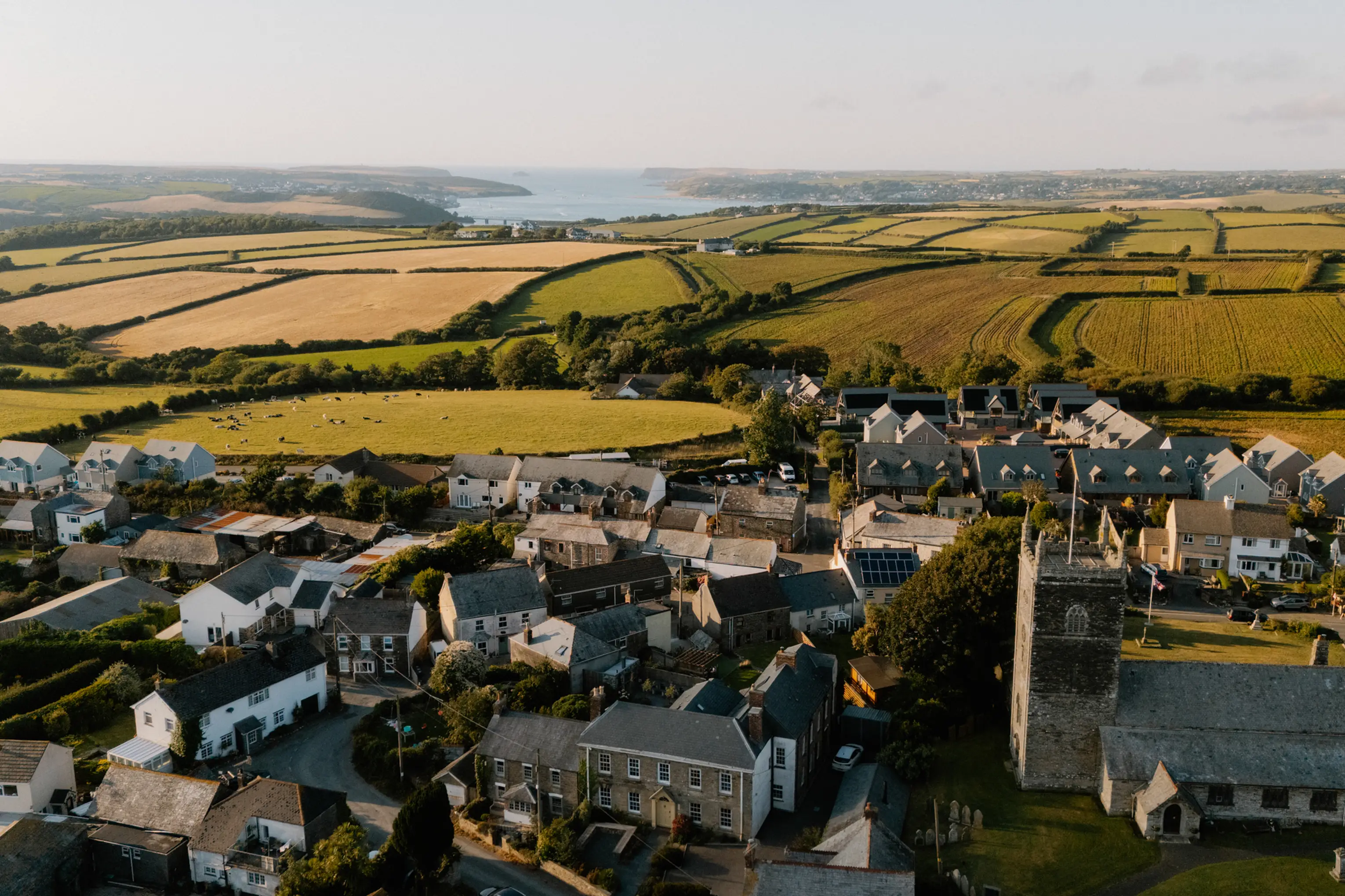 Aerial view over St Issey and the North Cornwall countryside near Padstow