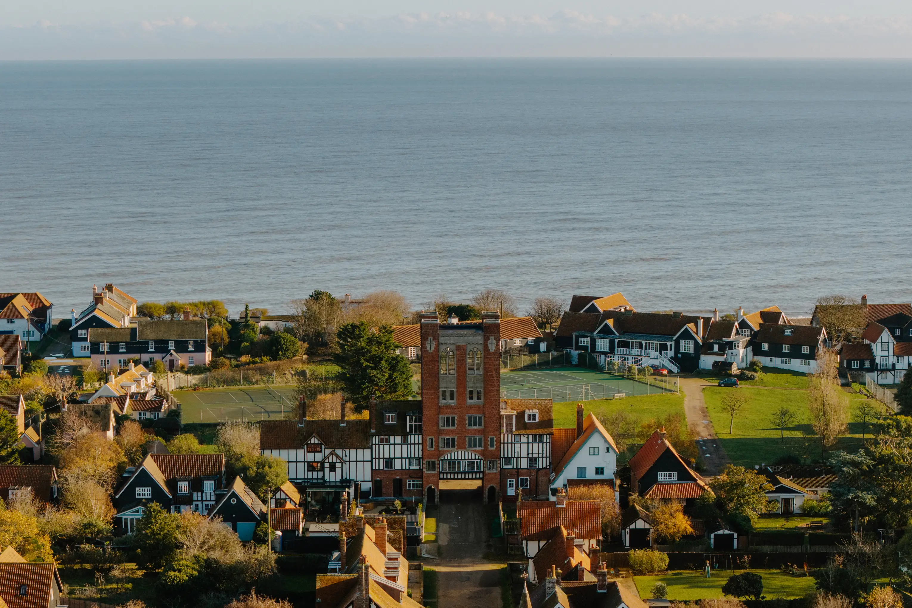 Aerial view of Thorpeness village and the Suffolk coastline