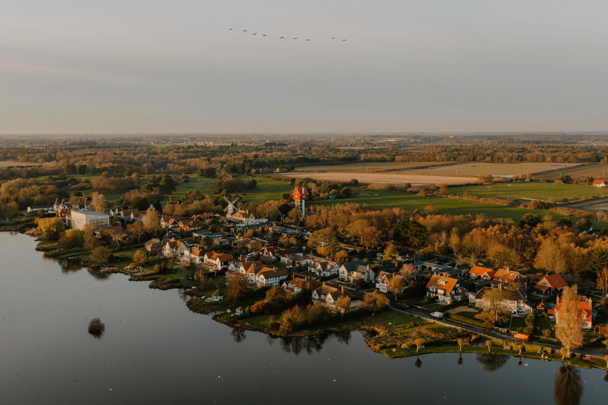 Aerial view of Thorpeness village and the Suffolk coastline