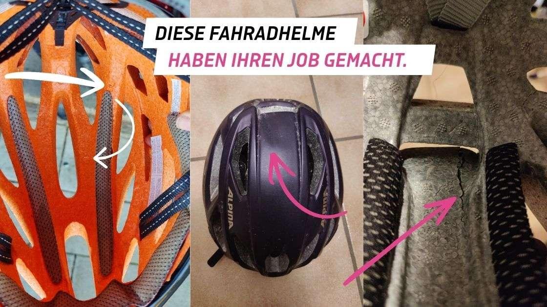 Bilder von kaputten Fahrradhelmen, die ihren Job gemacht haben.