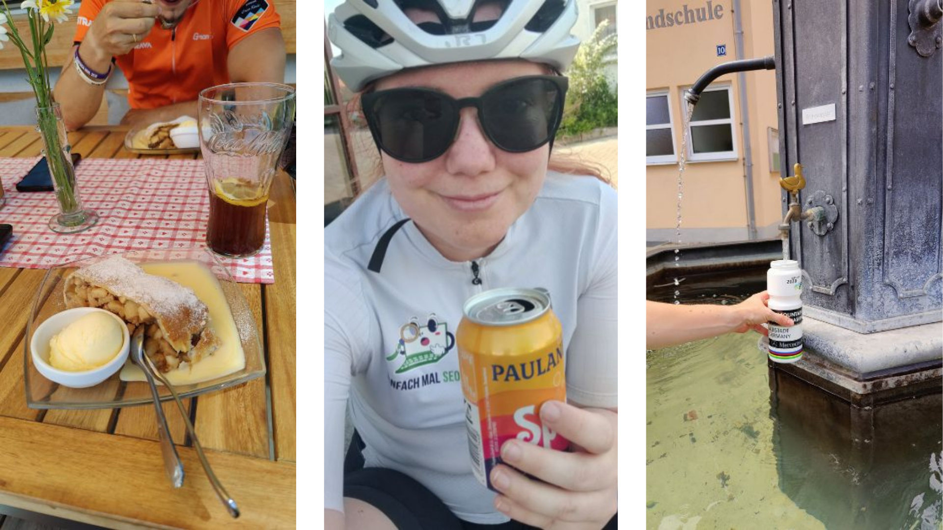 Verschiedene Pause-Szenen beim Radfahren. Erfrischung unterwegs am Brunnen, in der Gastro oder am Automaten.