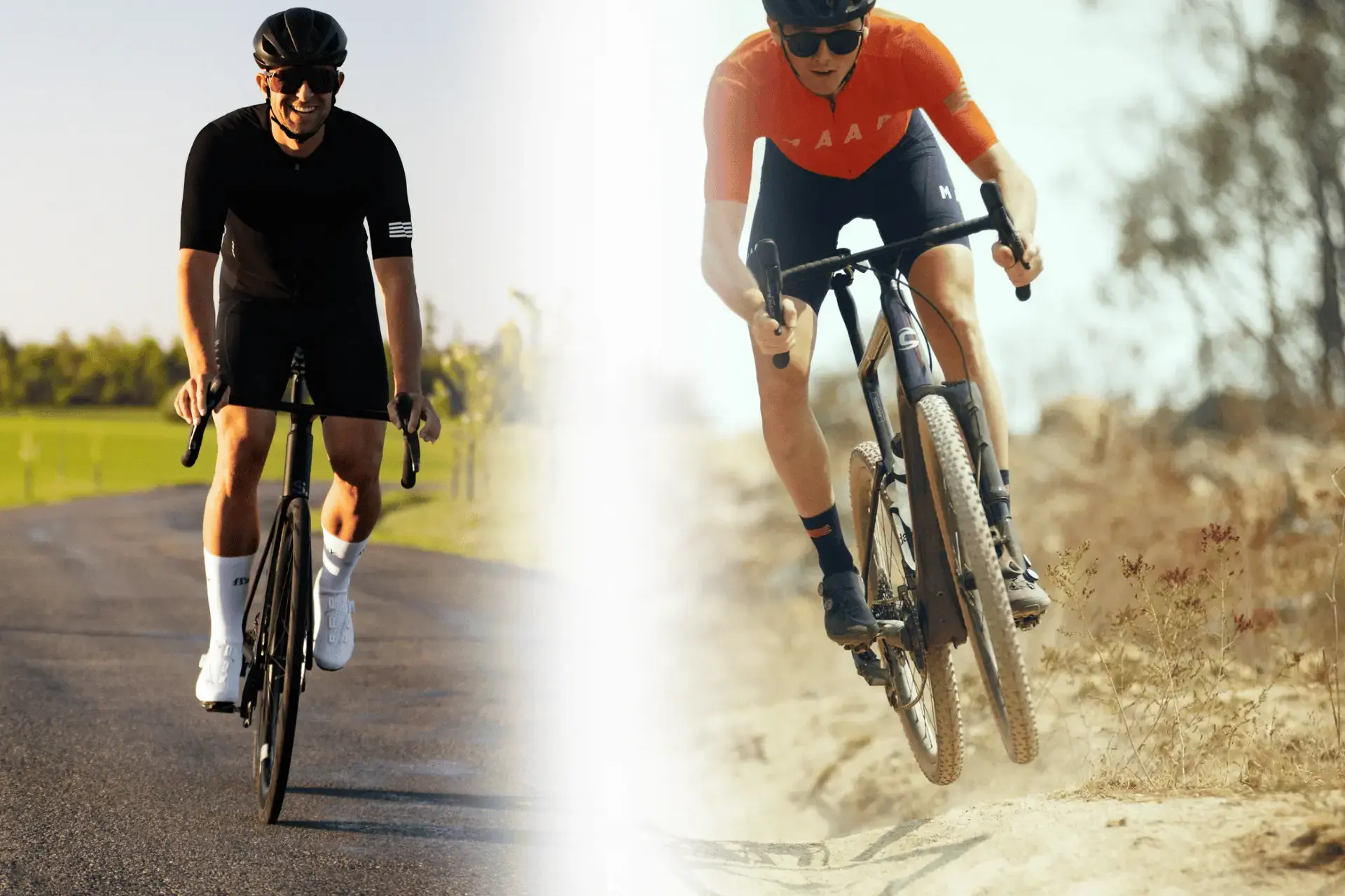 Aufteilung auf zwei Bildern: Links fährt ein Läufer in schwarzer Kleidung auf einem Gravelbike über eine asphaltierte Straße. Rechts springt ein Fahrer in orangefarbenem Trikot auf einem Cannondale Gravelbike in der Luft.
