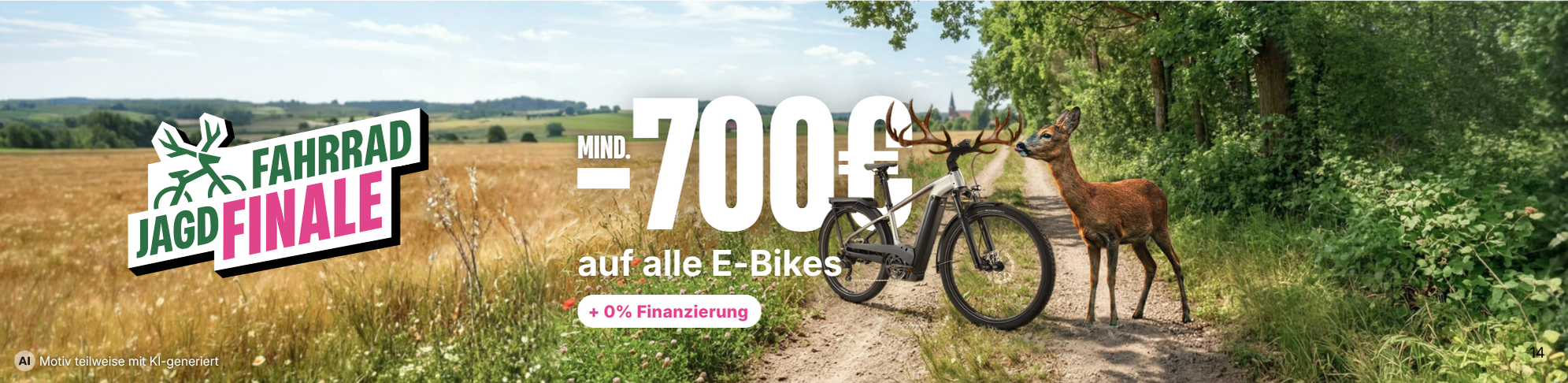 E-Bike und Hirsch am Feldweg; „Fahrrad Jagd Finale“ mit mind. 700 € Rabatt und 0 % Finanzierung