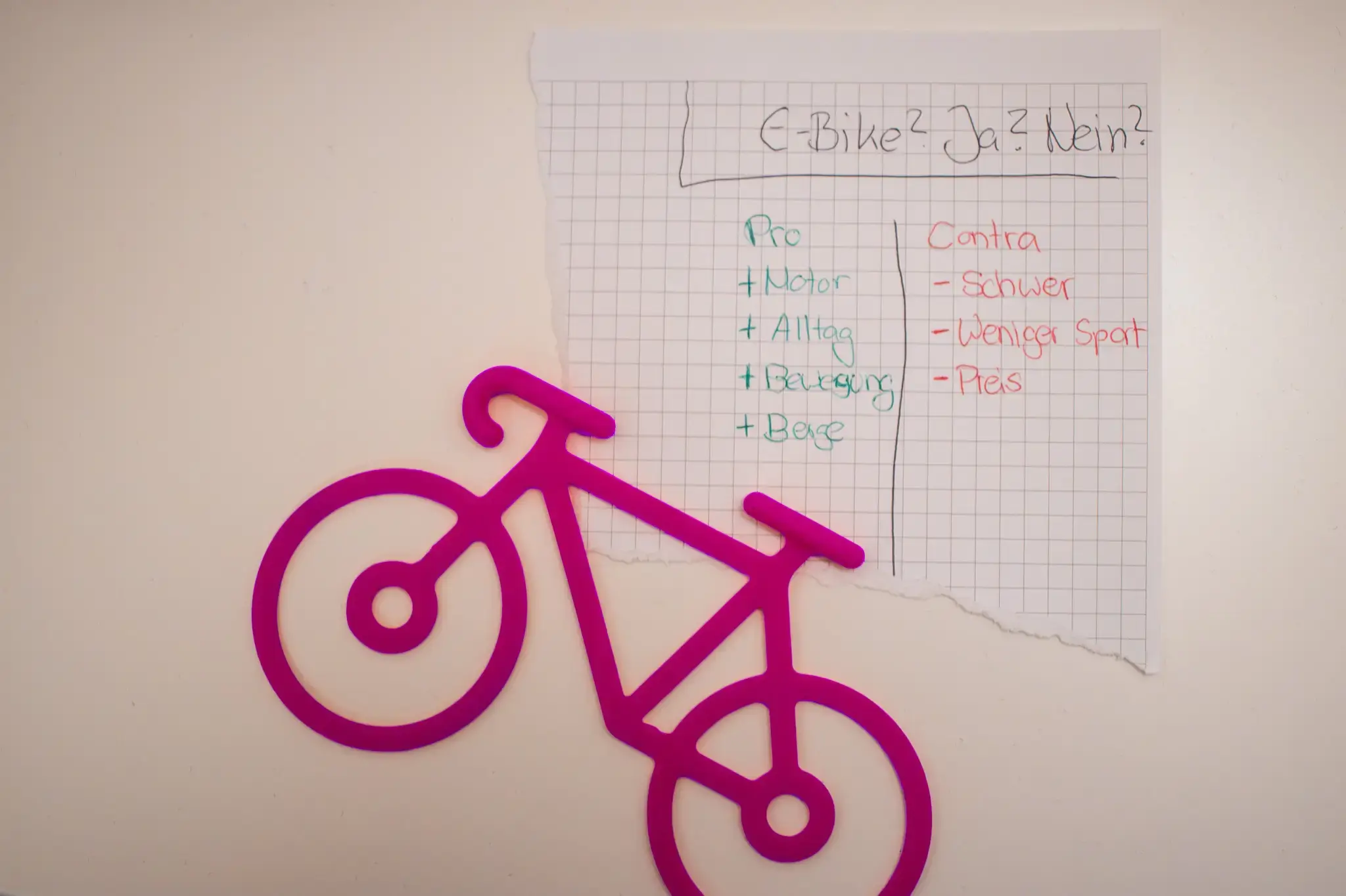 Pro und Contraliste, die sich mit der Frage E-Bike oder Biobike beschäftigt.