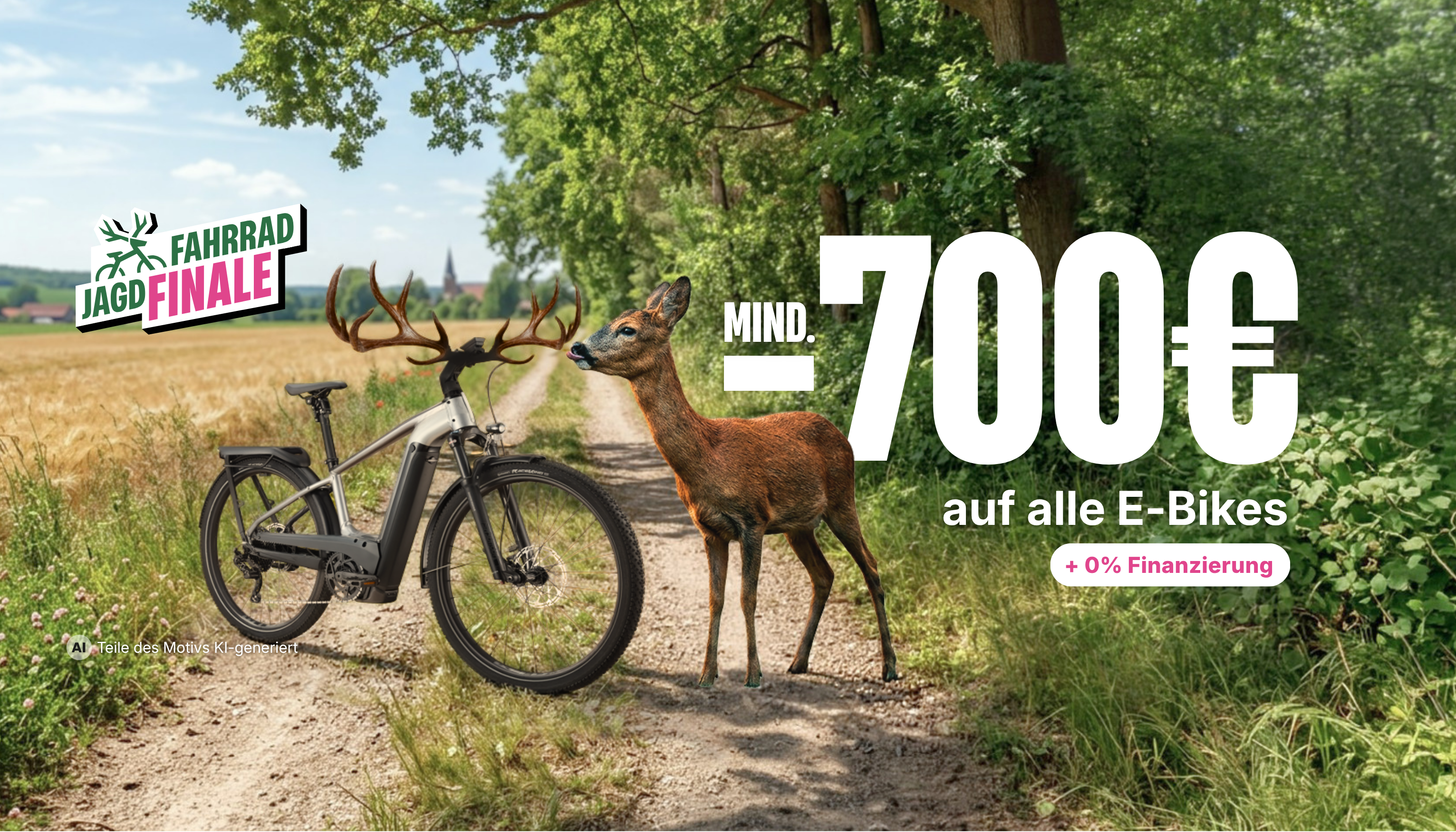 E-Bike neben Hirsch am Waldrand; „mind. -700 € auf alle E-Bikes“ und „+ 0 % Finanzierung“